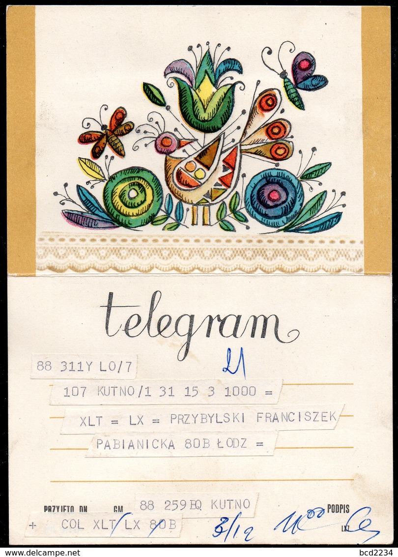 POLAND 1967 TELEGRAM COUNTRY SCENE STYLISED BIRD INSECTS FLOWERS USED LX 7 TÉLÉGRAMME TELEGRAMM TELEGRAMA TELEGRAMMA - Peacocks