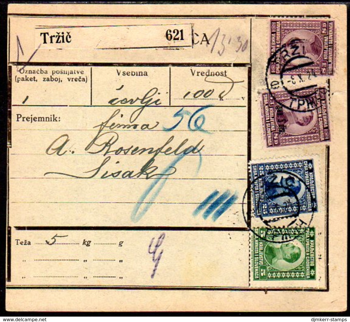 YUGOSLAVIA 1924 Parcel Card With Definitive Franking And 5 D. On 8 D. Surcharge - Covers & Documents