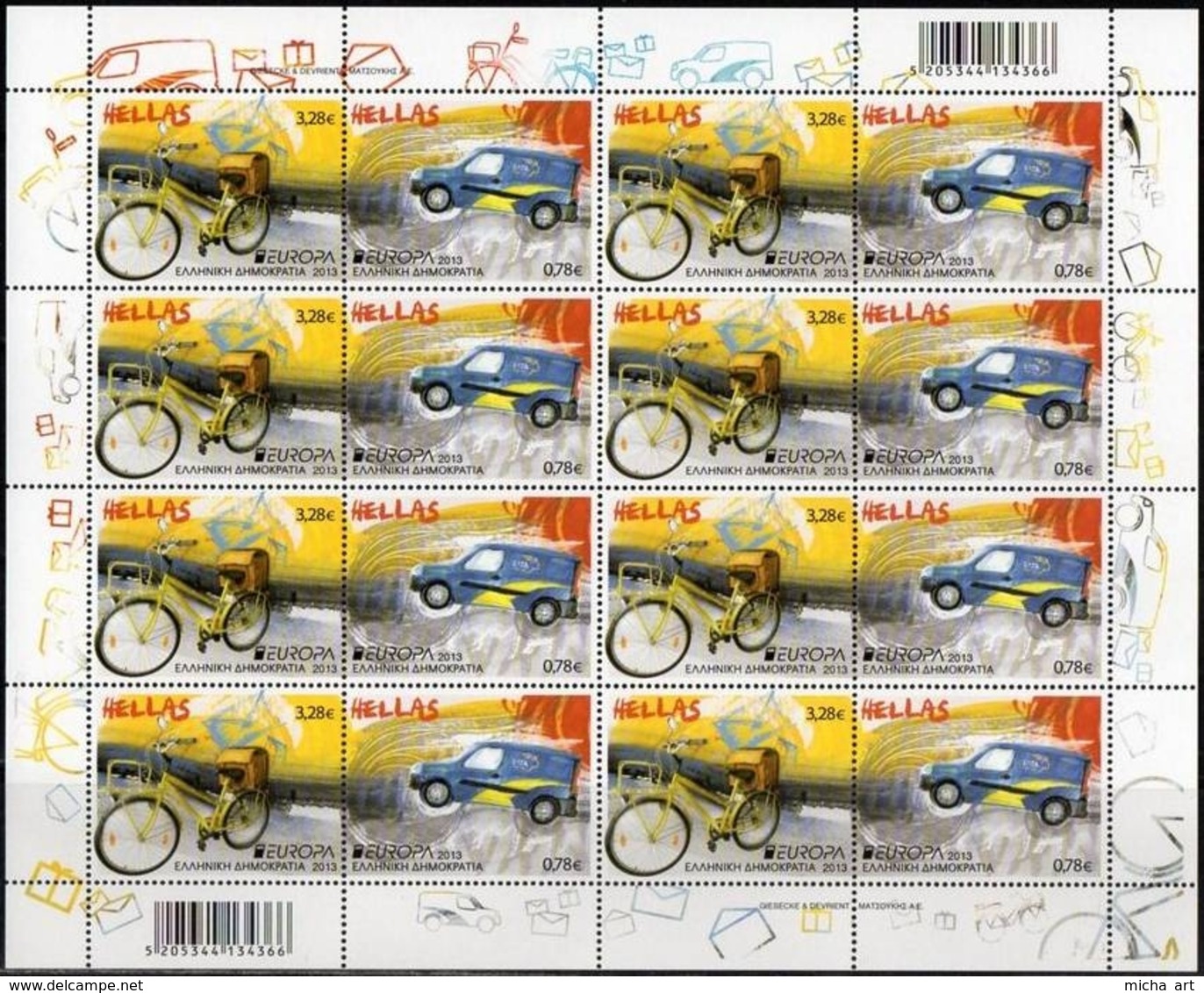 Greece 2013 Europa Cept - "Postman Van" Full Sheet Of 8 Sets MNH - Volledige & Onvolledige Vellen