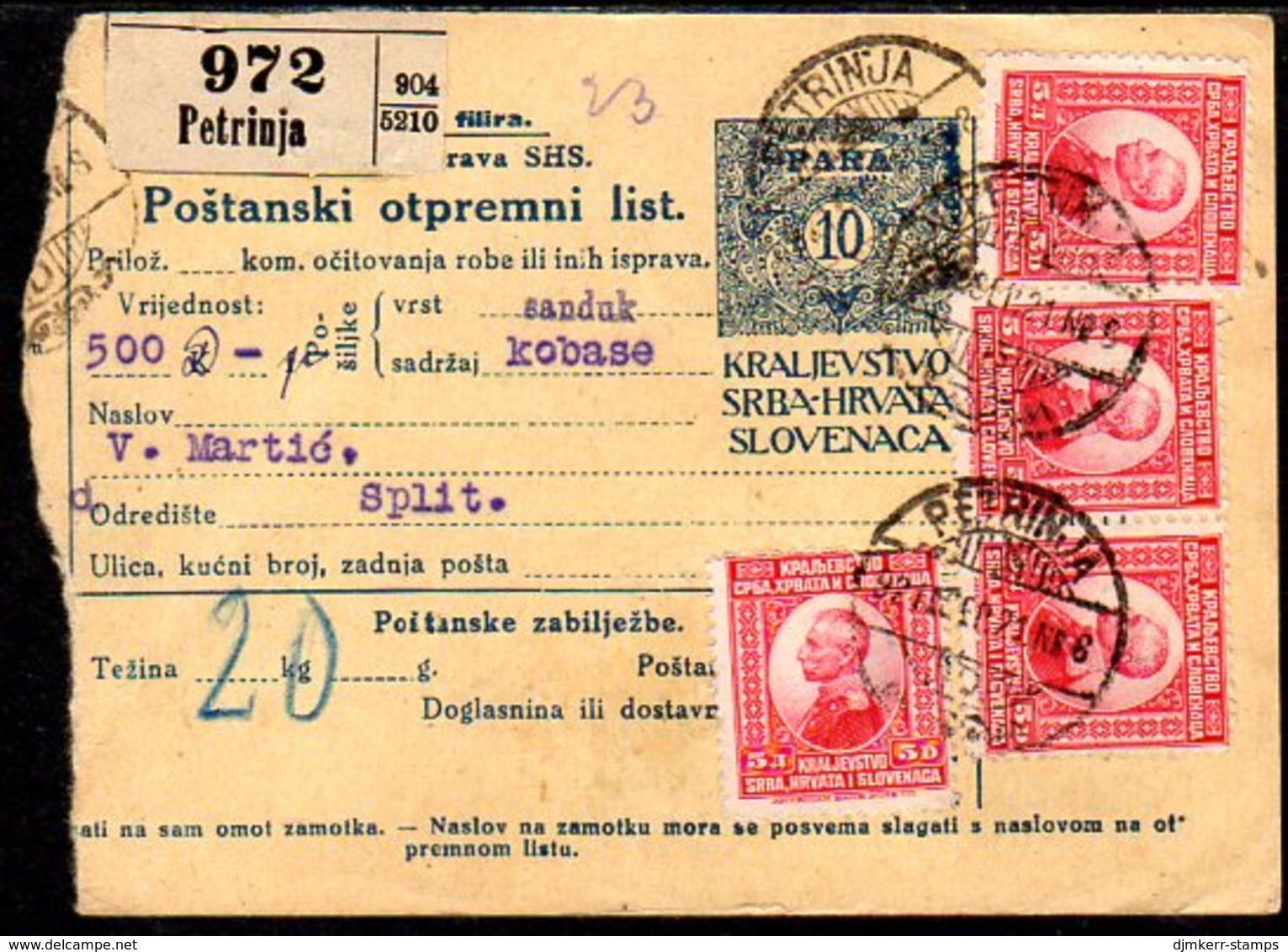 YUGOSLAVIA 1921 Parcel Card With Definitive Franking - Covers & Documents