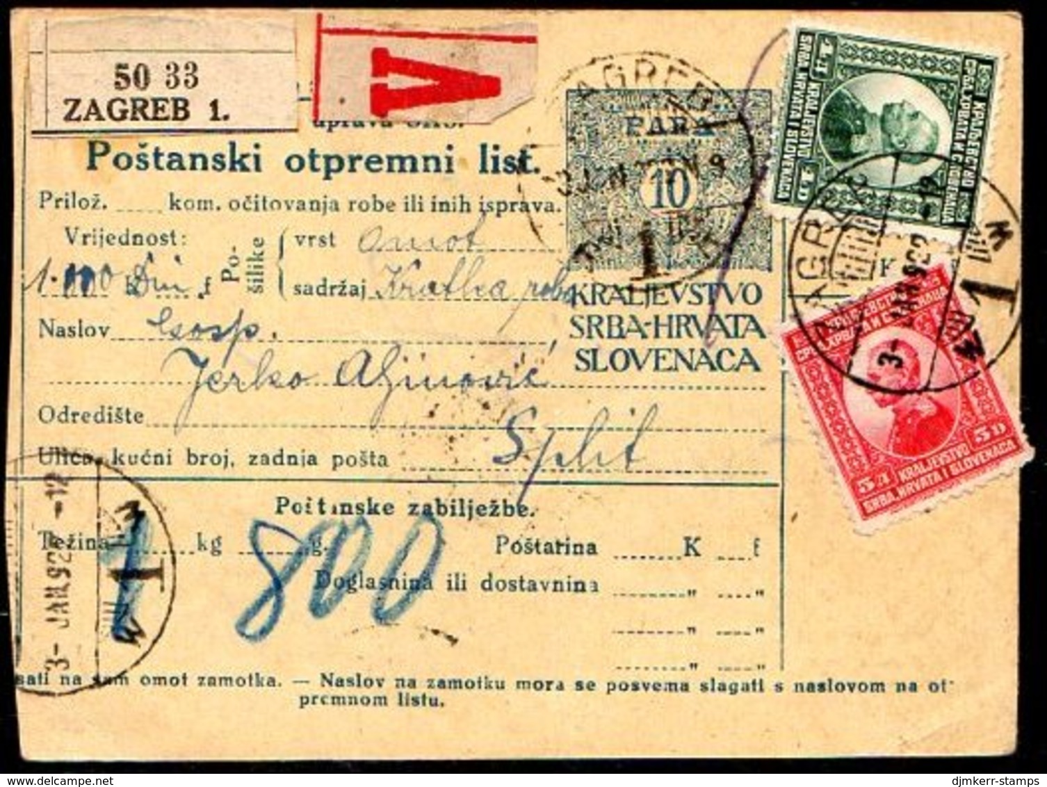 YUGOSLAVIA 1922 Parcel Card With Definitive Franking - Covers & Documents