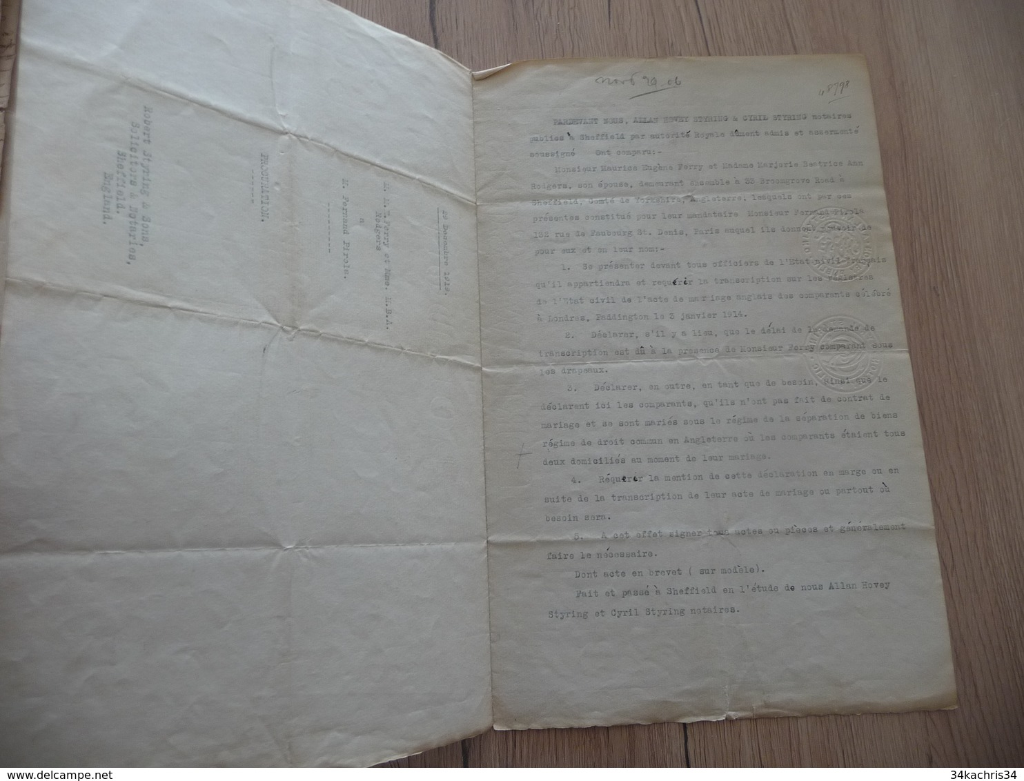 Consulat Français En Angleterre Acte De Mariage 1919 2 Sceaux  TP Pour Fiscaux - Manuscripten