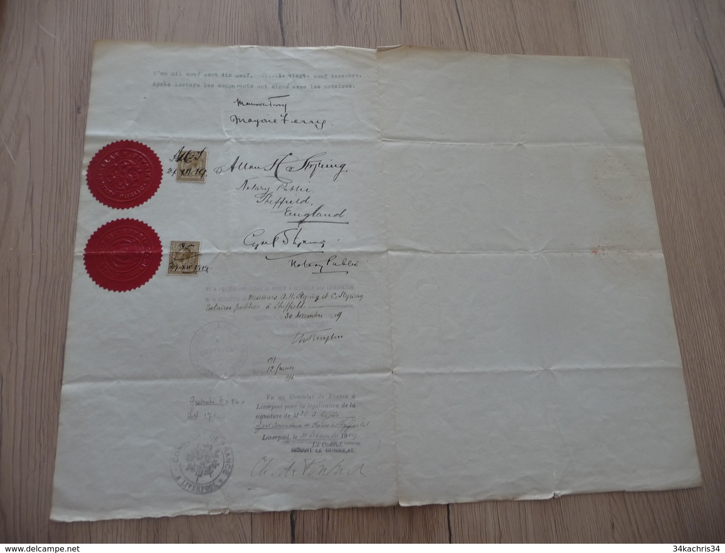 Consulat Français En Angleterre Acte De Mariage 1919 2 Sceaux  TP Pour Fiscaux - Manuscripts