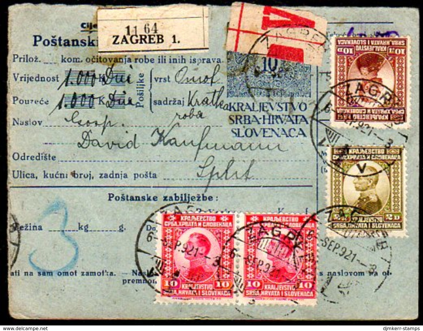 YUGOSLAVIA 1921 Parcel Card With Definitive Franking - Cartas & Documentos