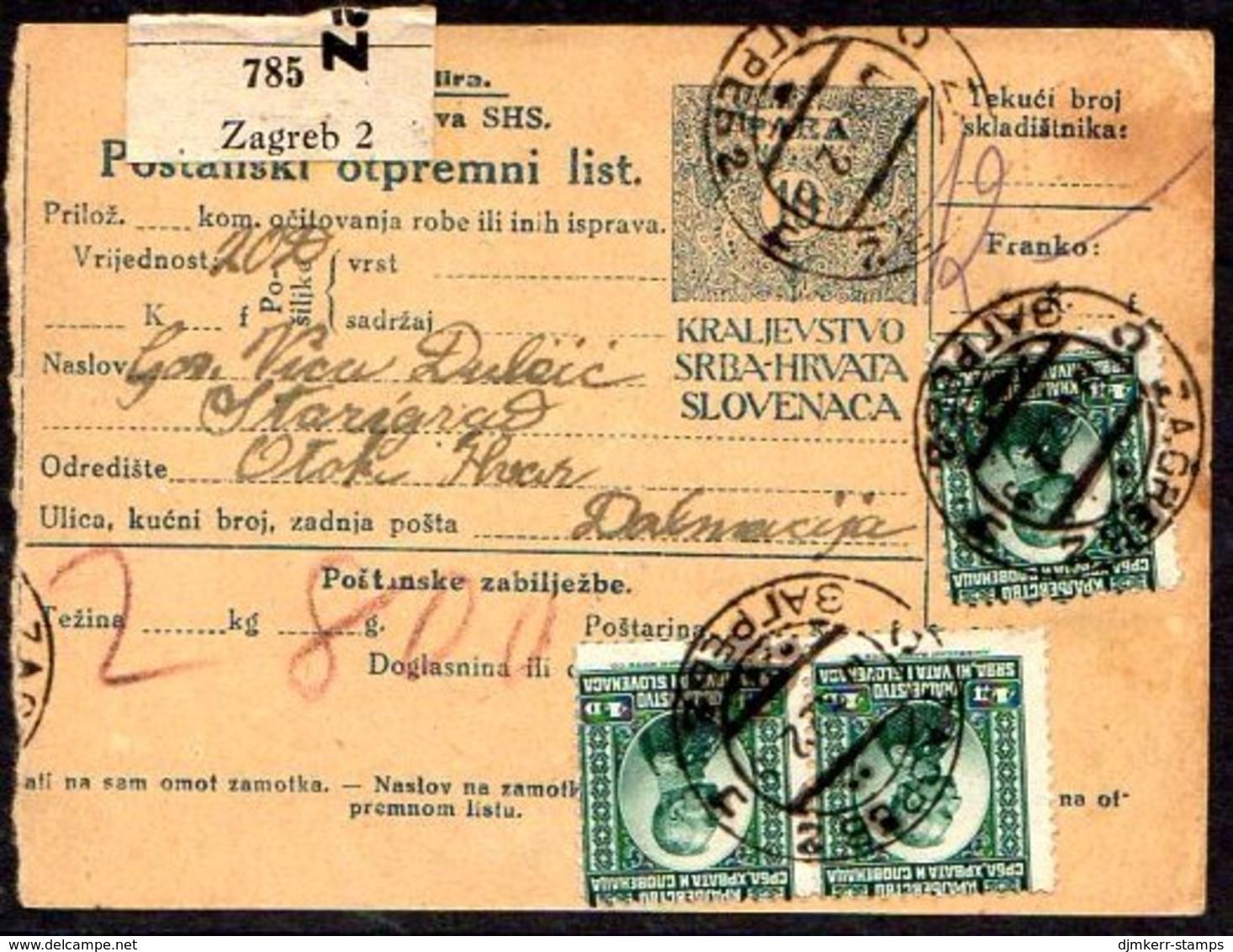 YUGOSLAVIA 1922 Parcel Card With Definitive Franking - Cartas & Documentos