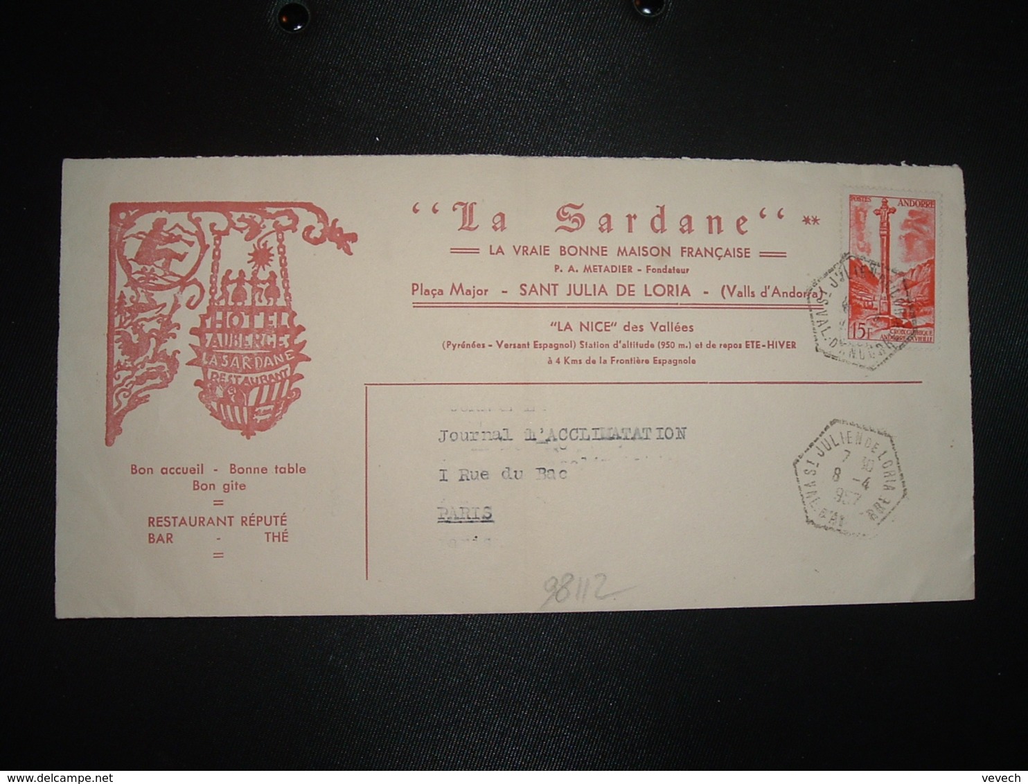 LETTRE TP CROIX GOTHIQUE 15F OBL. HEXAGONALE Tiretée 8-4 1957 ST JULIEN DE LORIA + HOTEL AUBERGE LA SARDANE - Cartas & Documentos