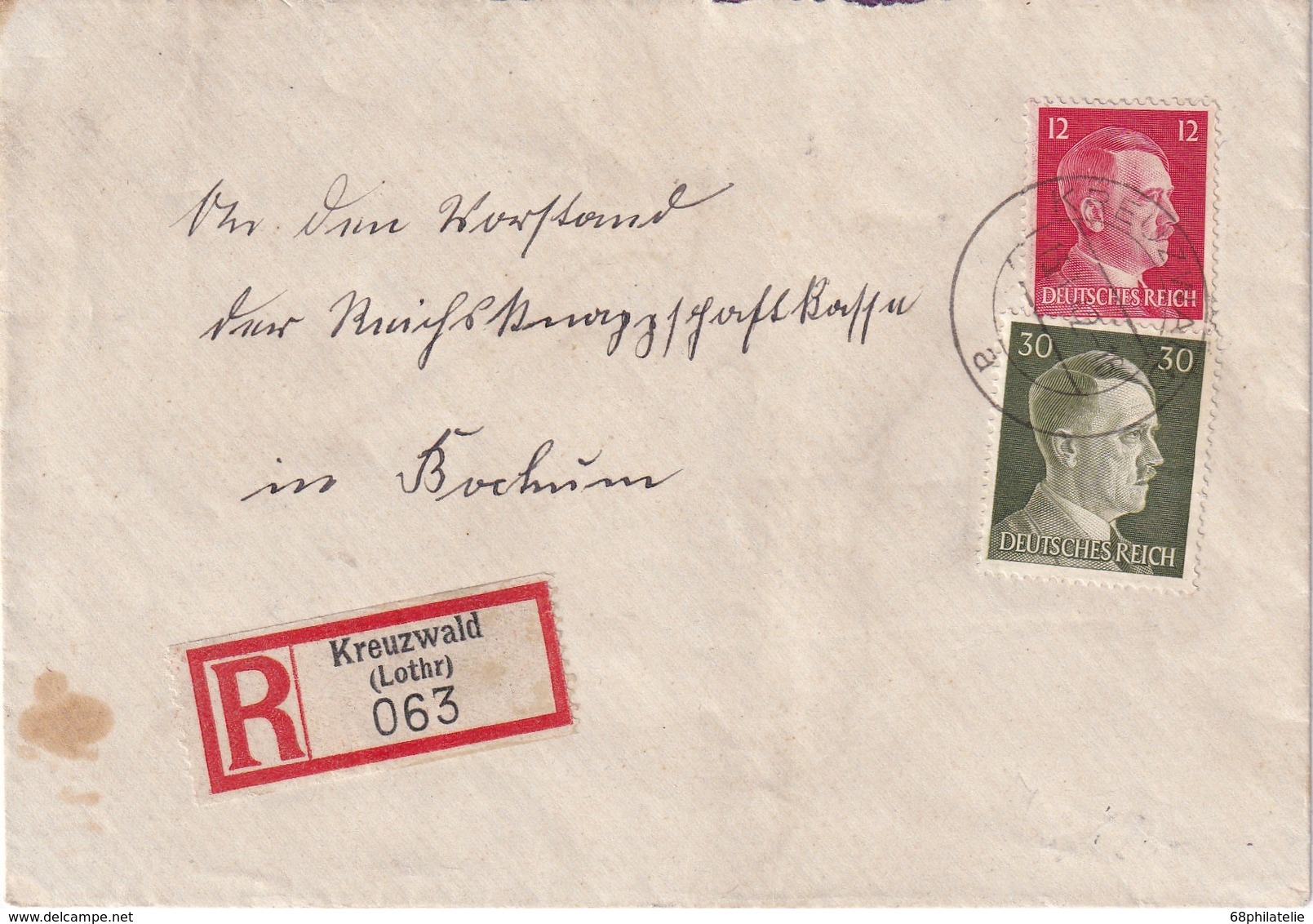 ALSACE-LORRAINE  1942 LETTRE RECOMMANDEE DE KREUZWALD AVEC CACHET ARRVIEE BOCHUM - Lettres & Documents