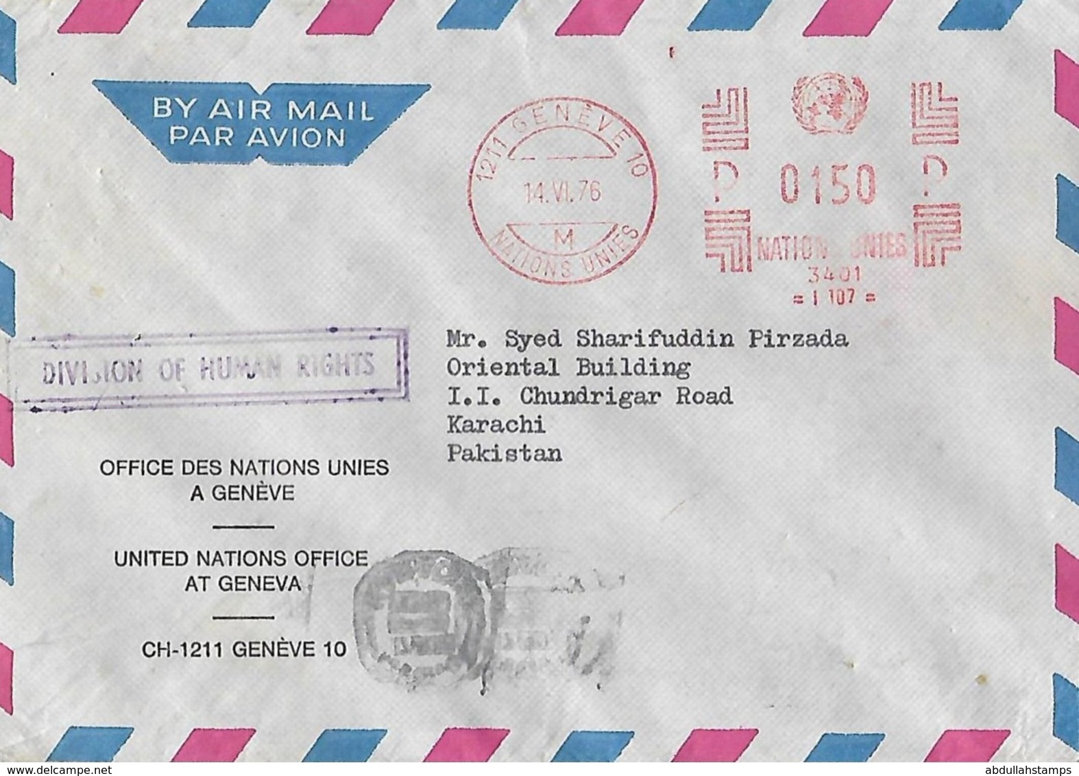 SWITZERLAND 1976  AIRMAIL  TO PAKISTAN  POSTED FROM UNITED NATIONS OFFICE GENEVA HUMAN  RIIGHTS DIV WITH  METER MARKING. - Postage Meters