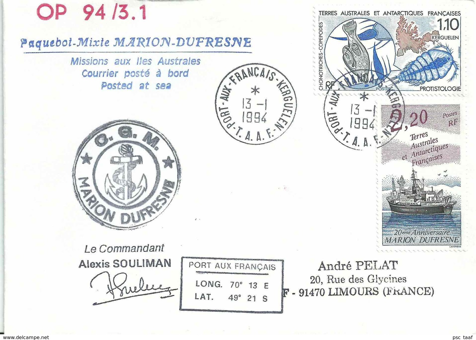 YT 148 Protistologie - YT 174 Marion Dufresne - Posté à Bord - Port Aux Français - Kerguelen - 13/01/1994 - Cartas & Documentos