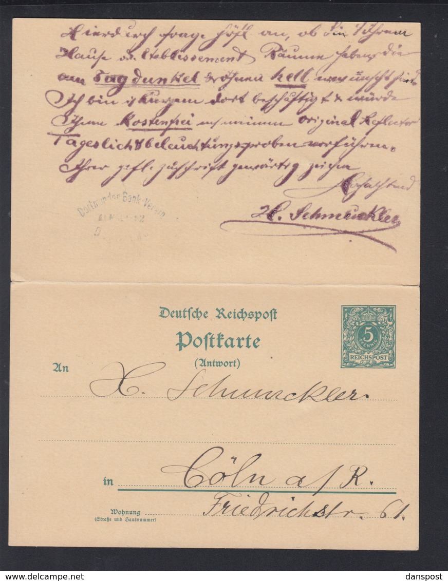 Dt. Reich GSK Mit Antwort 1892 Köln Nach Dortmund - Other & Unclassified