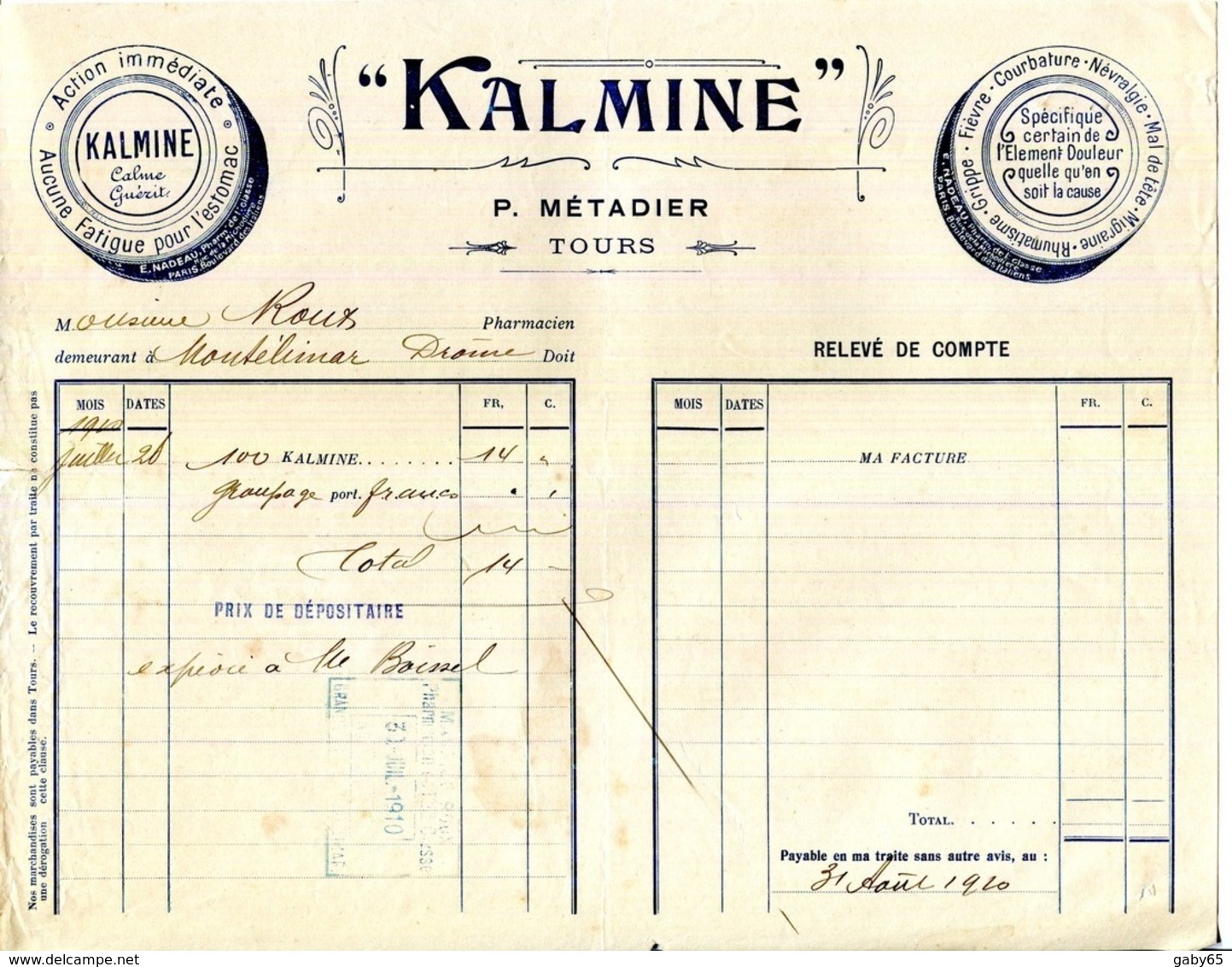 37.INDRE & LOIRE.TOURS. " KALMINE " CALME & GUERIT.P.METARDIER.(P.J ) - Chemist's (drugstore) & Perfumery
