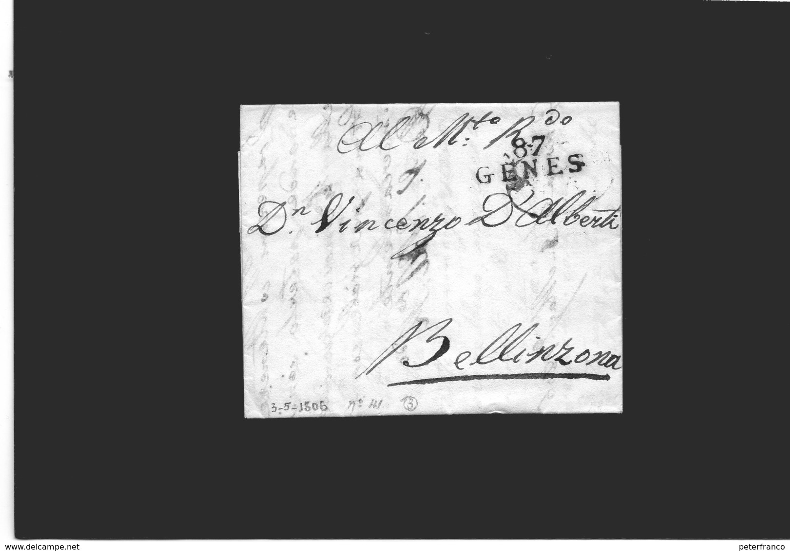 CG20 - Lett. Da Genes X Bellinzona 3/5/1806 - Bollo Stamp. Diritto Nero Senza Data Con Il N. 87 Dipartimentale - 1. ...-1850 Prefilatelia