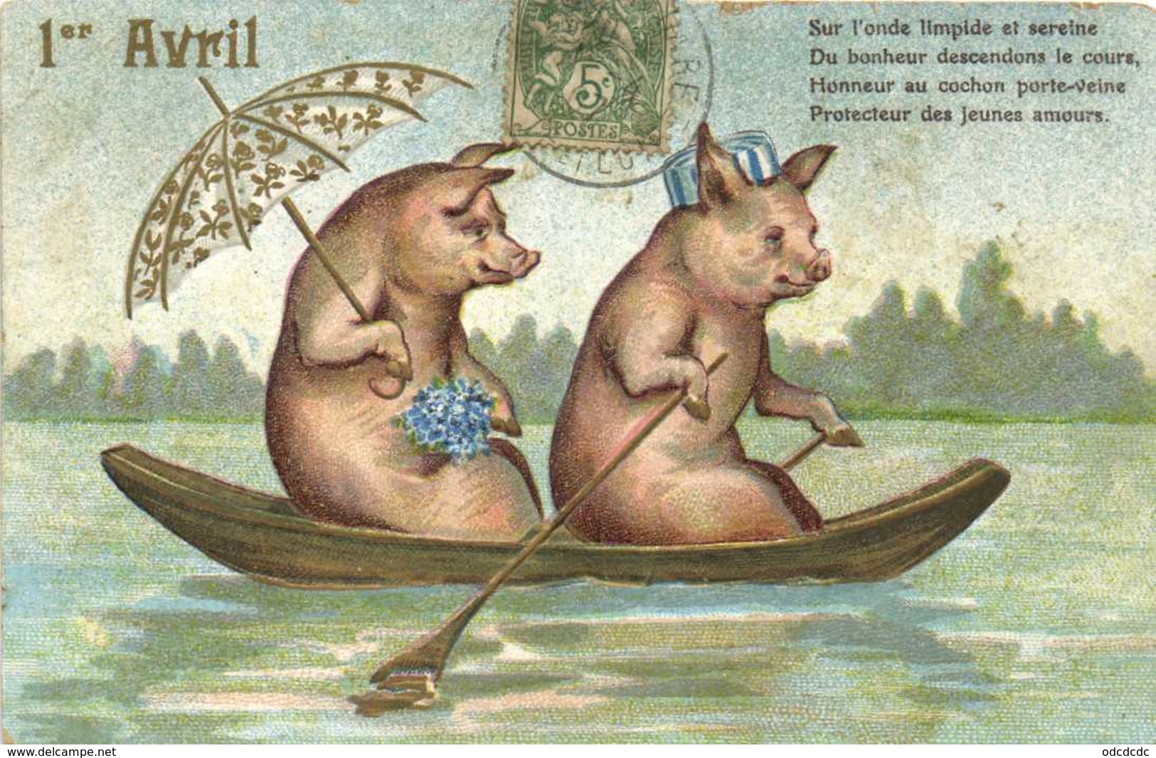 Illustrateur Deux Cochons En Barque Parapluie  Myosotis Chapeau 1er Avril  Gauffrée  RV - 1er Avril - Poisson D'avril