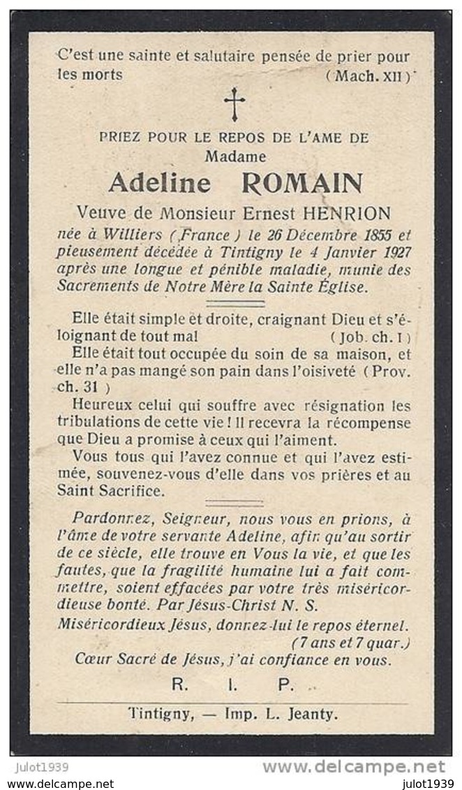 TINTIGNY ..-- Mme Adeline ROMAIN , Vve Mr Ernest HENRION , Née En 1855 à WILLIERS , Décédée En1927 . - Tintigny