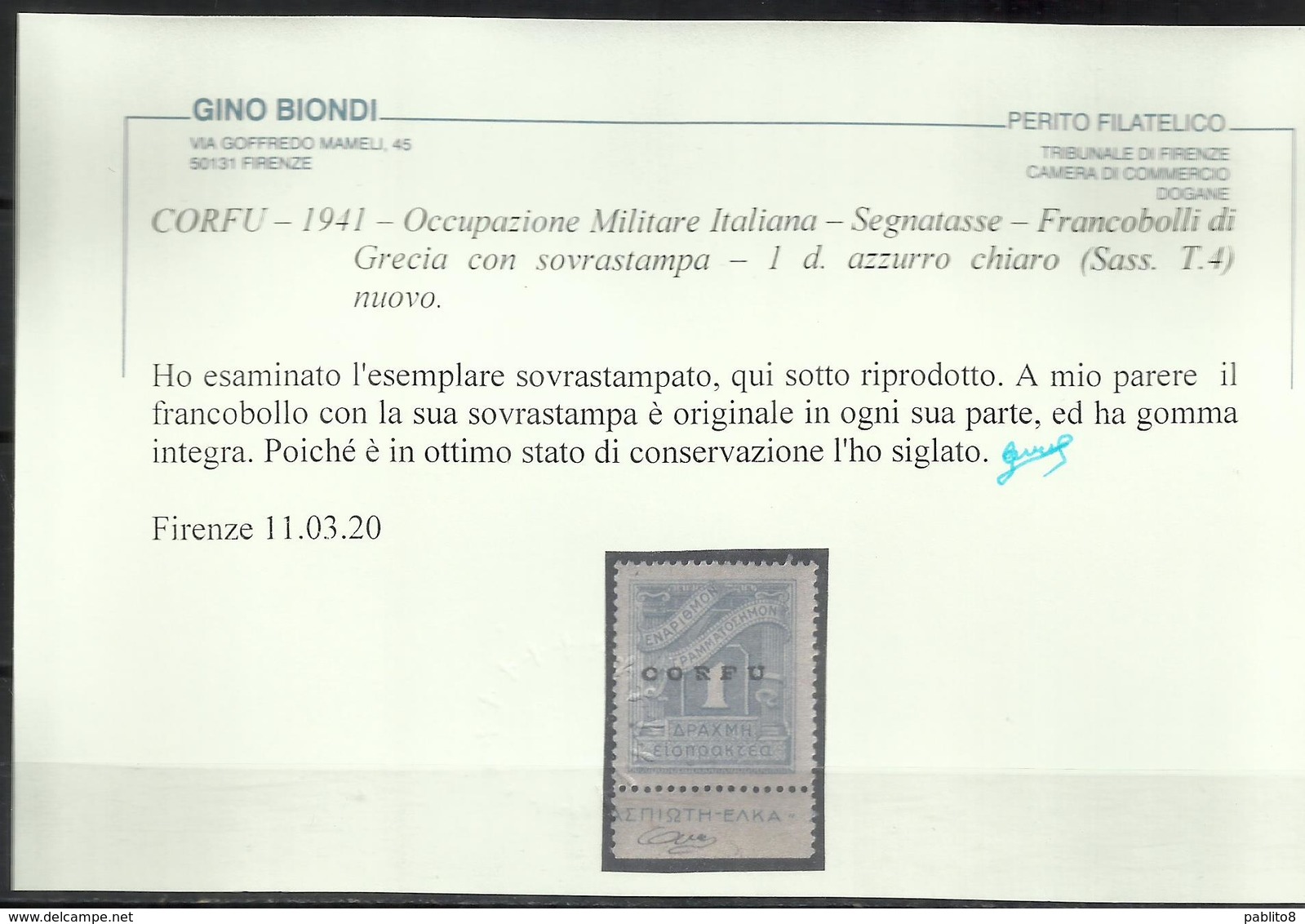 CORFU' OCCUPAZIONE MILITARE ITALIANA 1941 SOPRASTAMPATO DI GRECIA SEGNATASSE POSTAGE DUE TASSE TAXE 1d MNH CERTIFICATO - Corfou