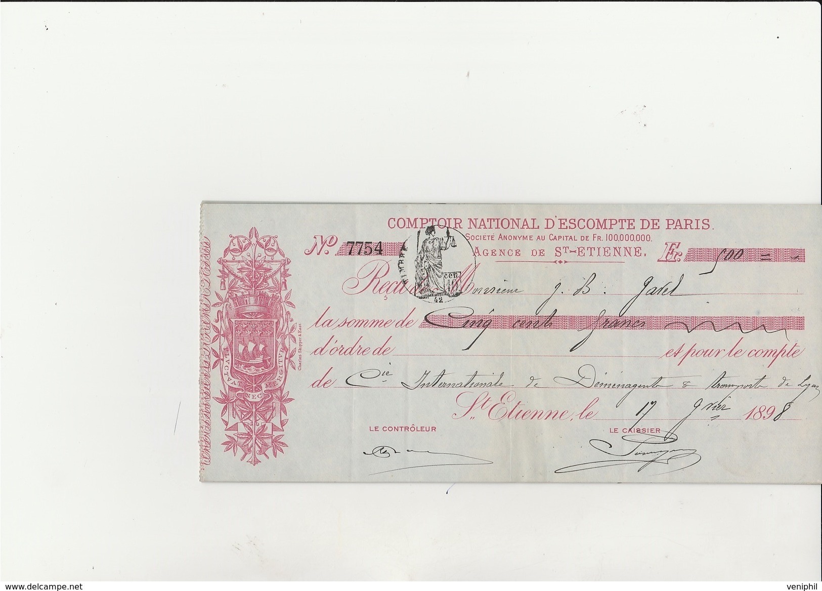 TRAITE COMPTOIR NATIONAL D'ESCOMPTE DE PARIS -AGENCE DE ST ETIENNE -ANNEE 1898 - Bills Of Exchange