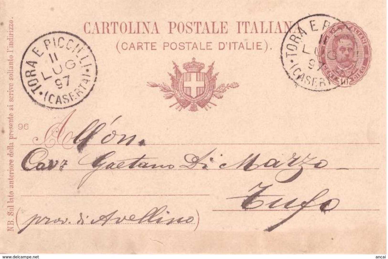 Tora E Piccilli. 1897. Annullo Grande Cerchio TORA E PICCILLI (CASERTA), Su Cartolina Postale - Storia Postale