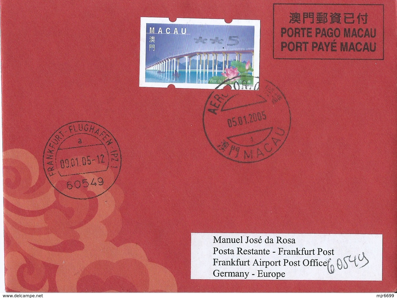 MACAU 2005 LUNAR NEW YEAR OF THE COCK GREETING CARD & POSTAGE PAID COVER 1ST DAY USAGE TO GERMANY - Postwaardestukken