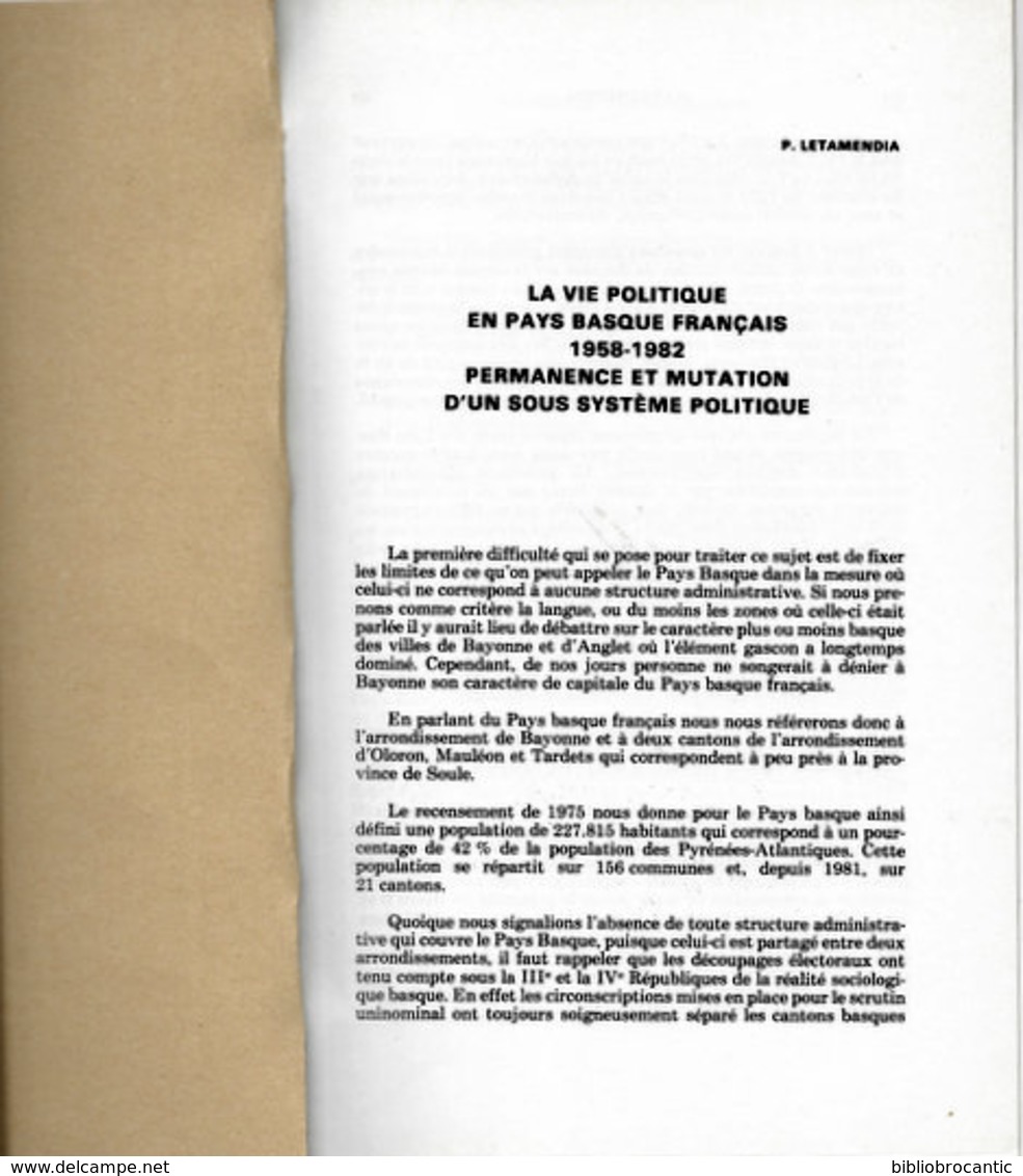" VIE POLITIQUE En PAYS BASQUE FRANCAIS 1958-1962 "< PERMANENCE Et MUTATION SOUS-SYSTEME POLITIQUE - Pays Basque