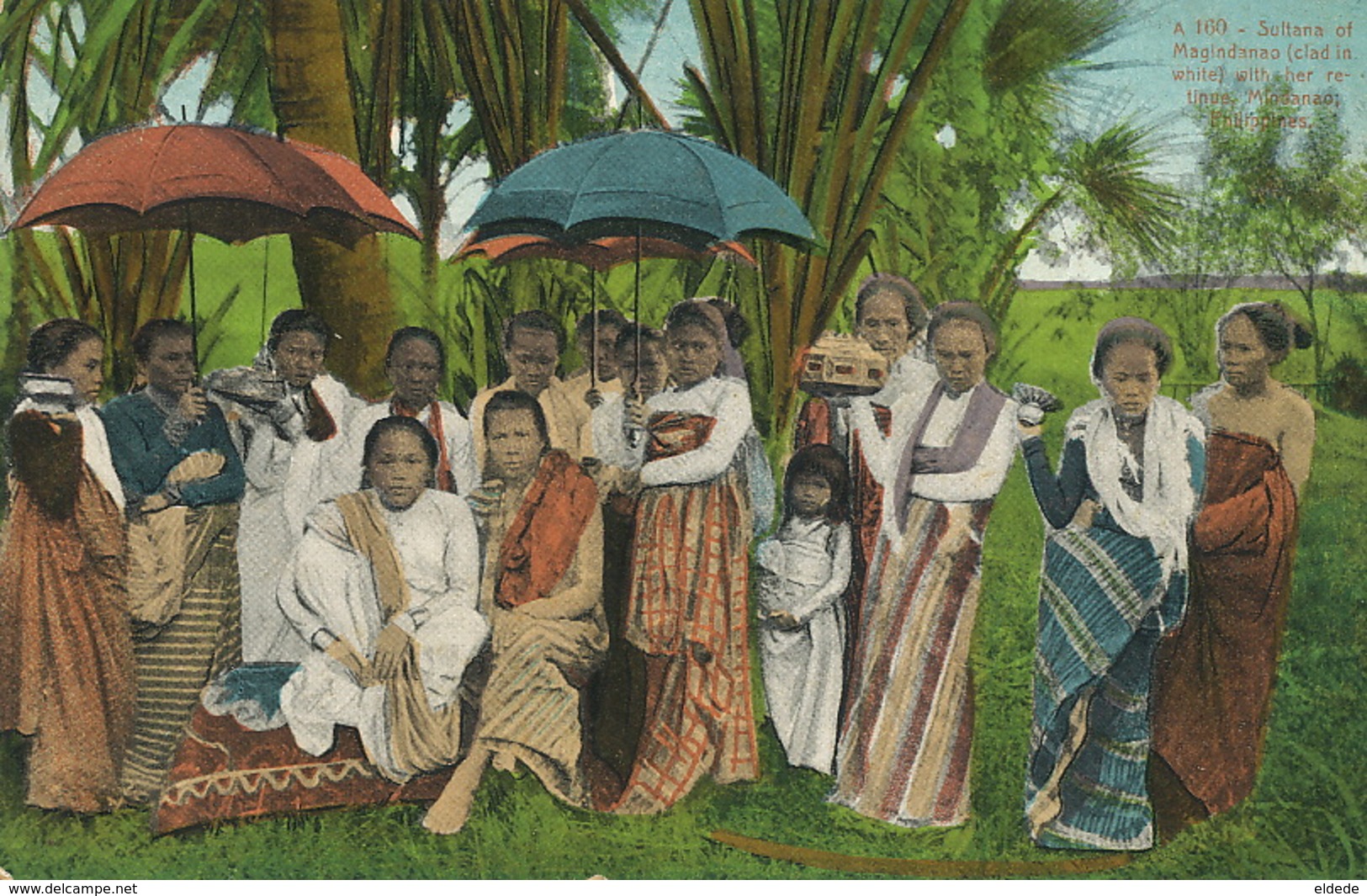 Sultana Of Magindanao In White With Her Retinue . Mindanao. Hand Colored   Moros. Muslim. - Philippines