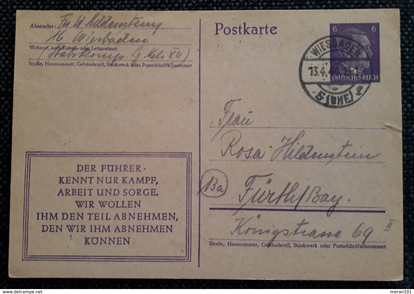 DR 1944, Postkarte P312/08 WIESBADEN - Briefe U. Dokumente