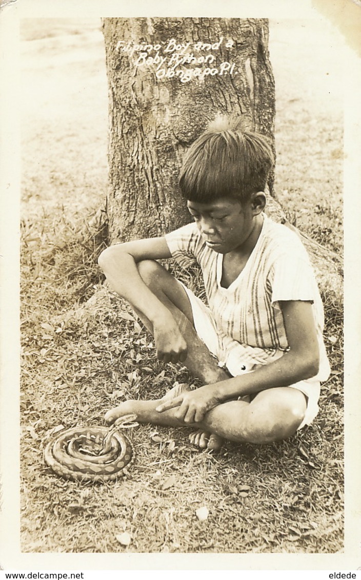 Real Photo Filipino Boy And Baby Python Olongapo. Snake . Serpent - Philippines