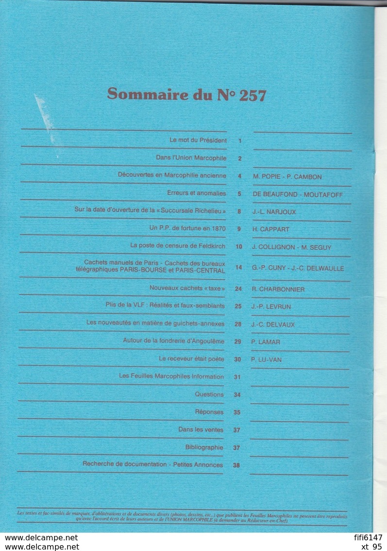 Les Feuilles Marcophiles - N°257 - Voir Sommaire - Frais De Port 2€ - Philatélie Et Histoire Postale