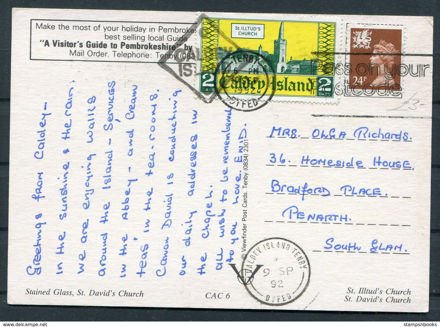 1992 GB Wales, Caldy Island Postcard. Tenby - Local Issues