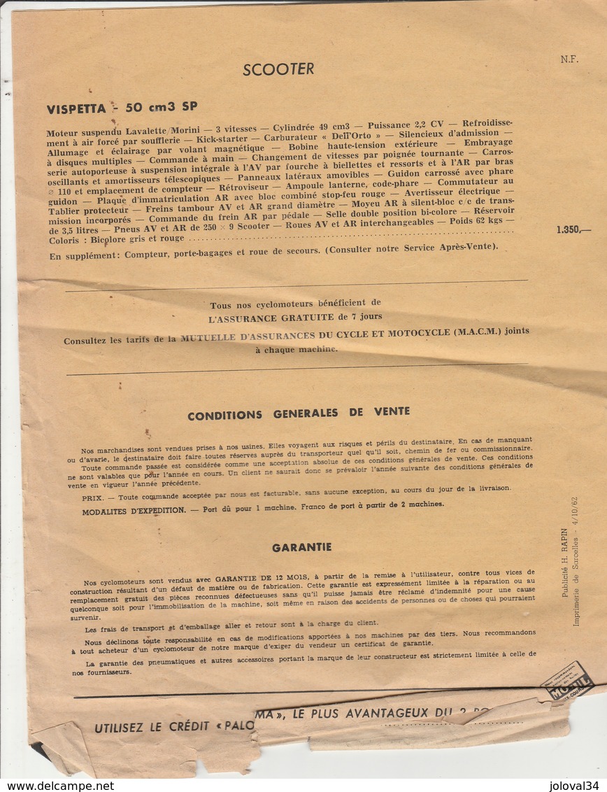 Publicité 4 Pages PALOMA Cyclomoteurs Tarif 1962 - Scooter - Très Abimée En Bas - Publicités