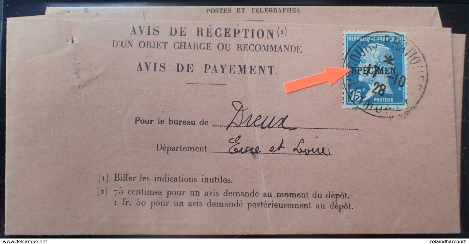 PP2990/77 - TYPE PASTEUR - N°177-CI1 Surchargé " SPECIMEN " Sur ✉️ Cachet " COURS PRATIQUES CLERMONT FD 17/10/1928 " - Specimen