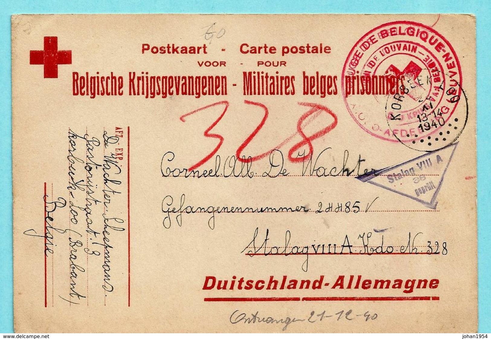 Postkaart Belgische Krijgsgevangenen, Afst. KORBEEK-LOO 28/11/1940 Naar STALAG VIII A + Stempel RODE KRUIS AFDELING ... - Guerre 40-45 (Lettres & Documents)