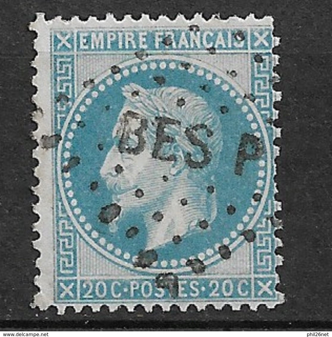 France      N° 29B    Oblitéré BTB   Cachet Ambulant (Poste Ferroviaire)    BES   P Besançon à Paris  - 1863-1870 Napoléon III Con Laureles
