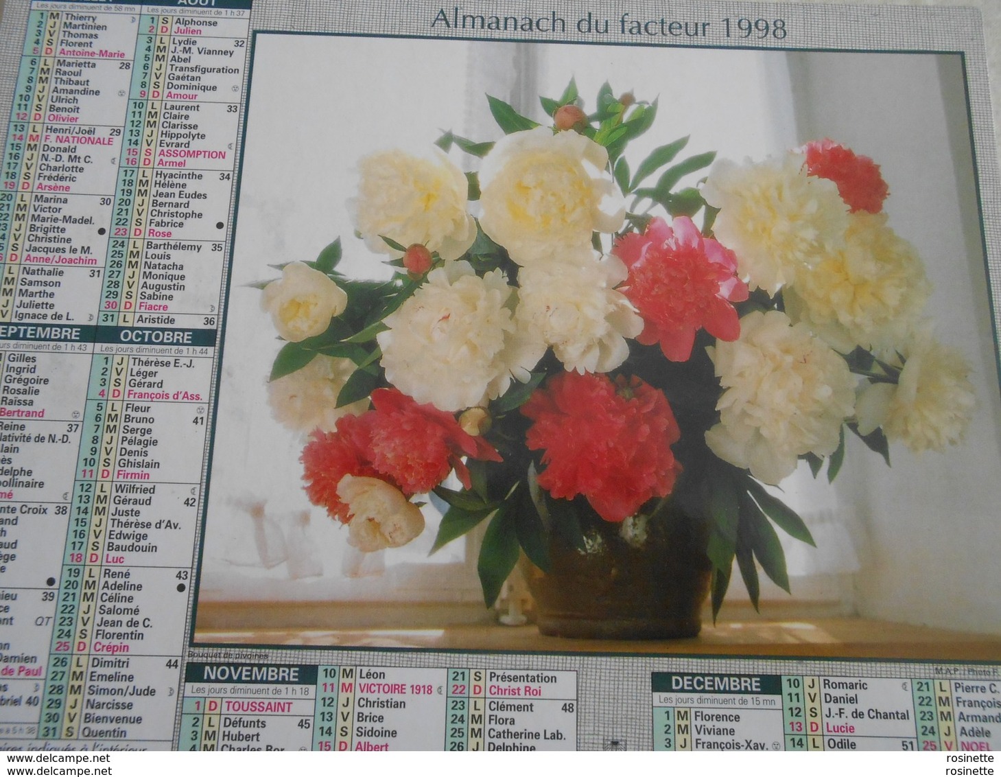 Almanach /calendrier /La Poste / Oberthur 1998 BOUQUET DE PIVOINE  BOUQUET DE CAMPANULES, ROSES ET POIS DE SENTEUR - Grand Format : 1991-00