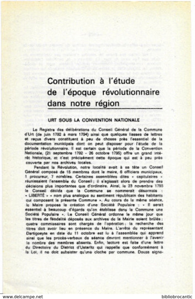 CONTRIBUTION à L'ETUDE De L'EPOQUE REVOLUTIONNAIRE  Au PAYS BASQUE < URT SOUS LA CONVENTION - Baskenland