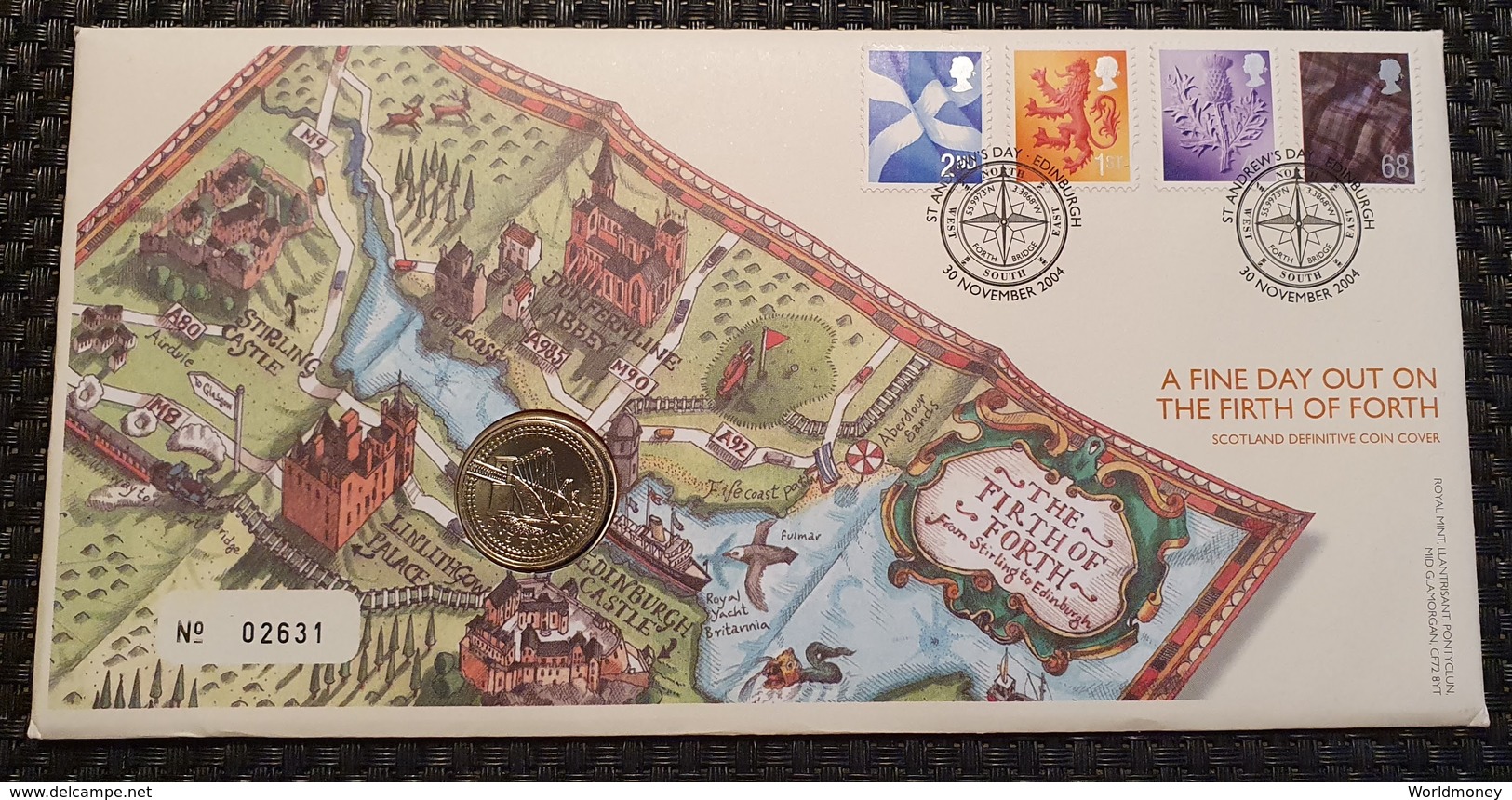 A FINE DAY OUT ON THE FIRTH OF FORTH 2004 ROYAL MINT FDC + 2004 £1 COIN - 1 Pound