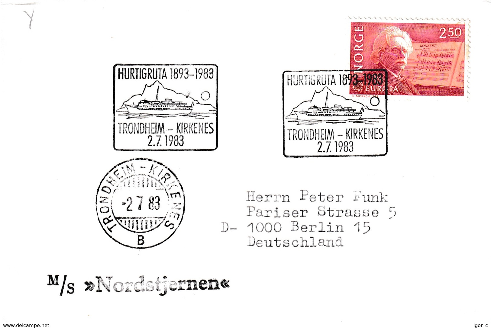 Norway 1983 Cover: Europa CEPT Music Composers Edward Grieg; Transport Ship M/S Nordstjernen; Hurtigruta 1893 - 1983 - Schiffe