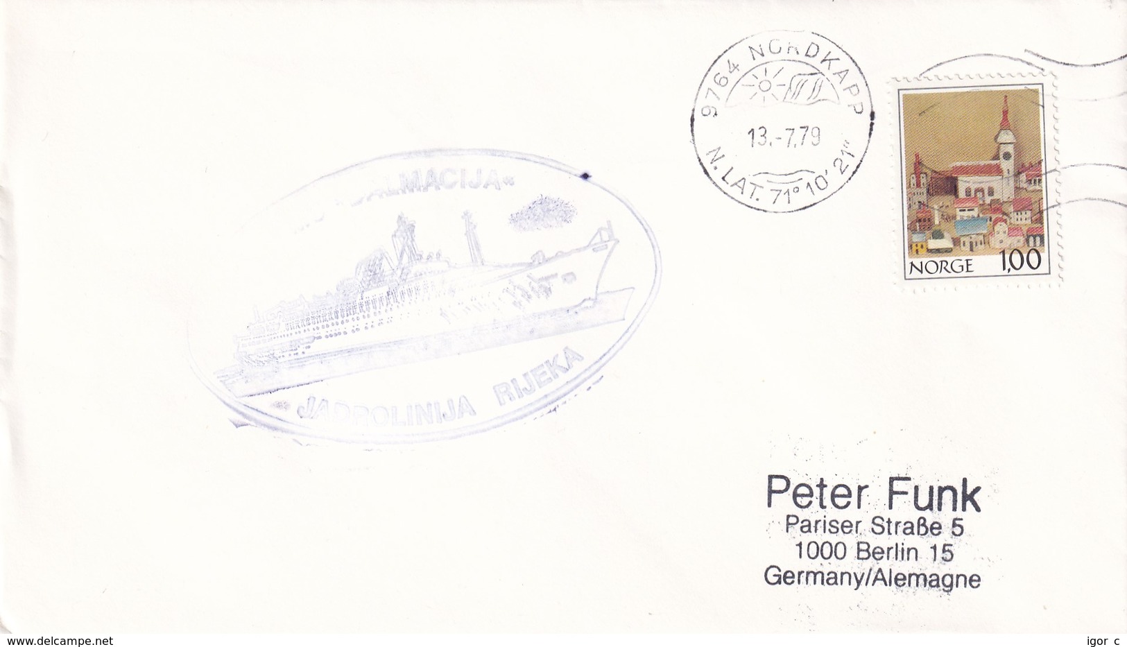 Norway 1979 Cover: Transport Ship M/S Dalmacija; Cargo Ship Jadrolinija Rijeka, Adriatic; Nordkapp Cancellation; Church - Barcos