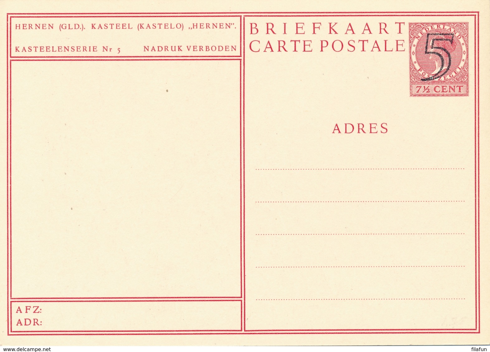 Nederland - 1946 - 5 Op 7,5 Cent Veth, Fotokaart Hernen Kasteel Hernen, Briefkaart G286e - Ongebruikt - Entiers Postaux