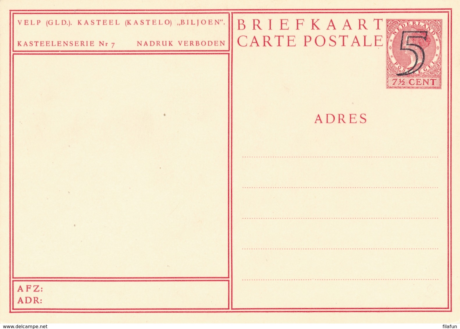 Nederland - 1946 - 5 Op 7,5 Cent Veth, Fotokaart Velp Kasteel Biljoen, Briefkaart G286g - Ongebruikt - Ganzsachen