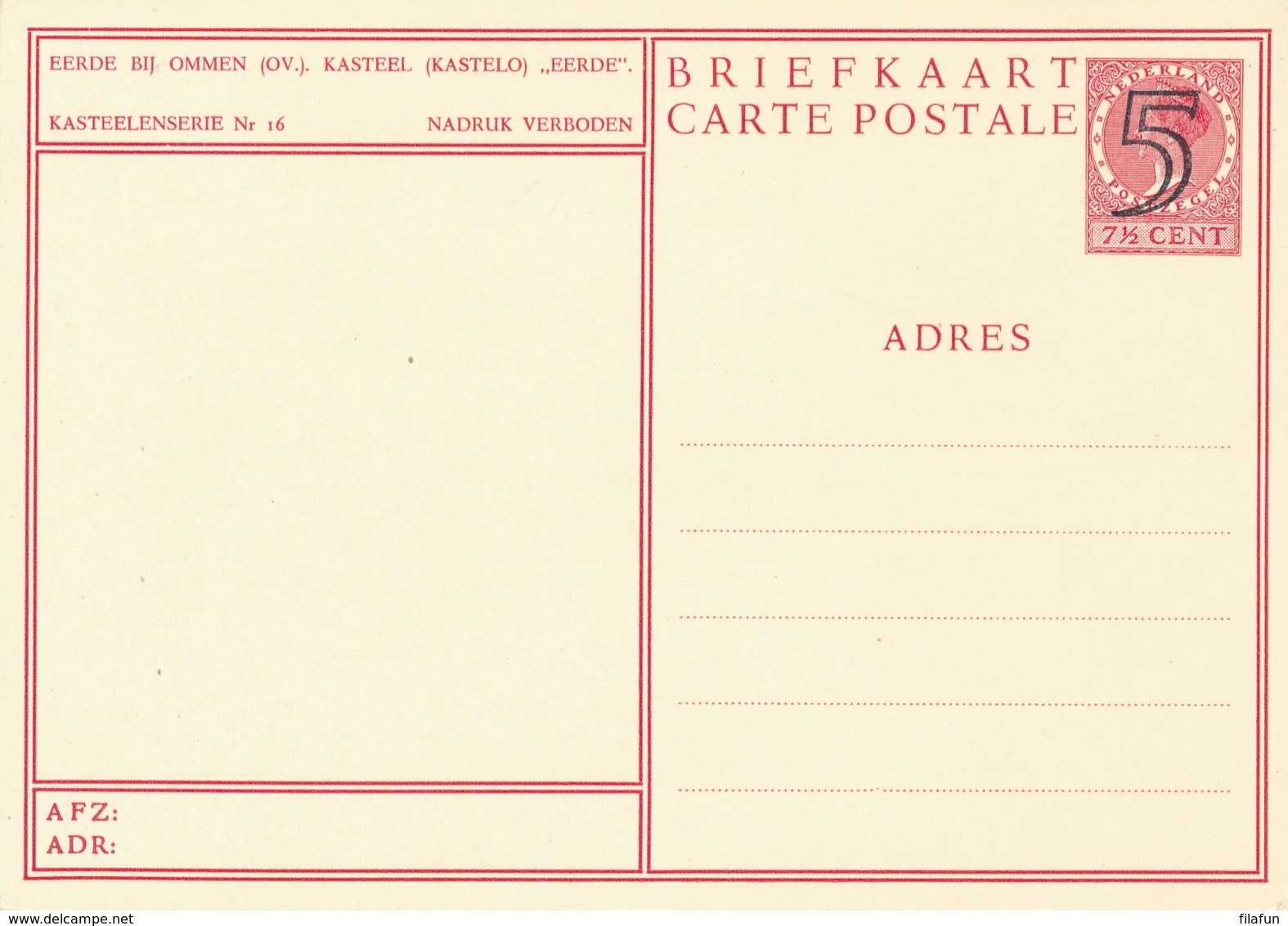 Nederland - 1946 - 5 Op 7,5 Cent Veth, Fotokaart Eerde Bij Ommen Kasteel Eerde, Briefkaart G286p - Ongebruikt - Postal Stationery