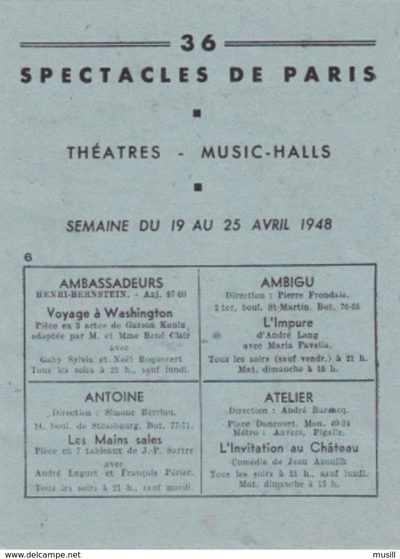 Programme De Théâtre. Galas Karsenty. Saison 1954-1955. 36 Spectacles De Paris. - Programmes
