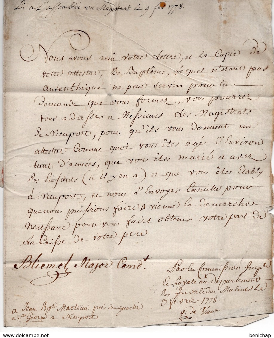 LAC DE 1778 - Assemblée Du Magistrat - Marquage Rouge De Malines - Destination Nieuport - 3 Février 1778. - 1714-1794 (Paises Bajos Austriacos)