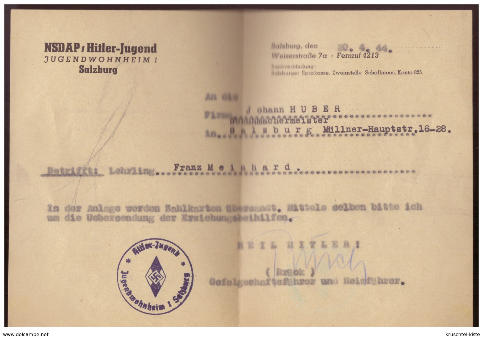 Dt- Reich (008495) Propaganda Brief, HJ, Salzburg Jugendwohnheim Mit Inhalt , 4 Quittungen, Anschreiben, Gel 22.4.1944 - Briefe U. Dokumente