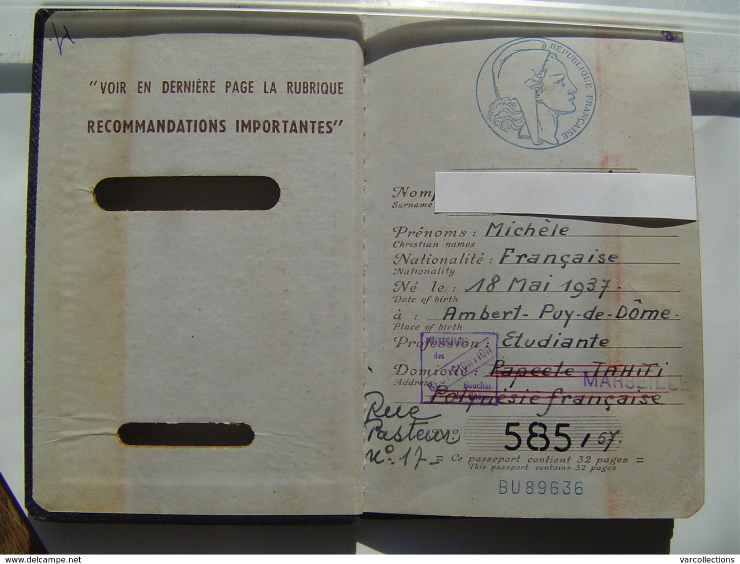 PASSEPORT 1957 : PAPEETE / TAHITI / OCEANIE ( FRANCE ) Timbre Fiscal 3200 Francs + Timbre Quittances 100 Francs - Documents Historiques