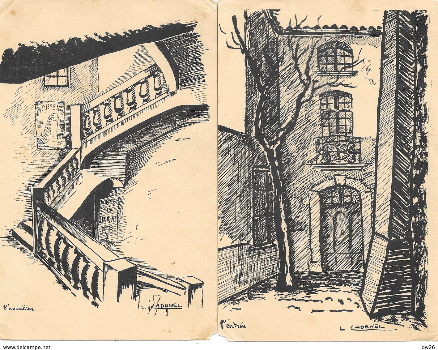 Auberge Provençale De Jeunesse, Allauch - Lot De 2 Illustrations De L. Cadenel (Entrée Et L'Escalier) - Allauch