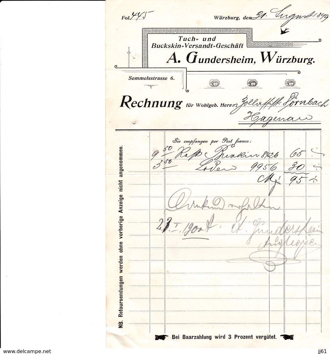 WURZBURG A GUNSERSHEIM TUCH UND BUCKSKIN VERSANDT GESCHAFT FACTURE RECHUNG ANNEE 1899 ENVOYE A HAGUENAU - Otros & Sin Clasificación