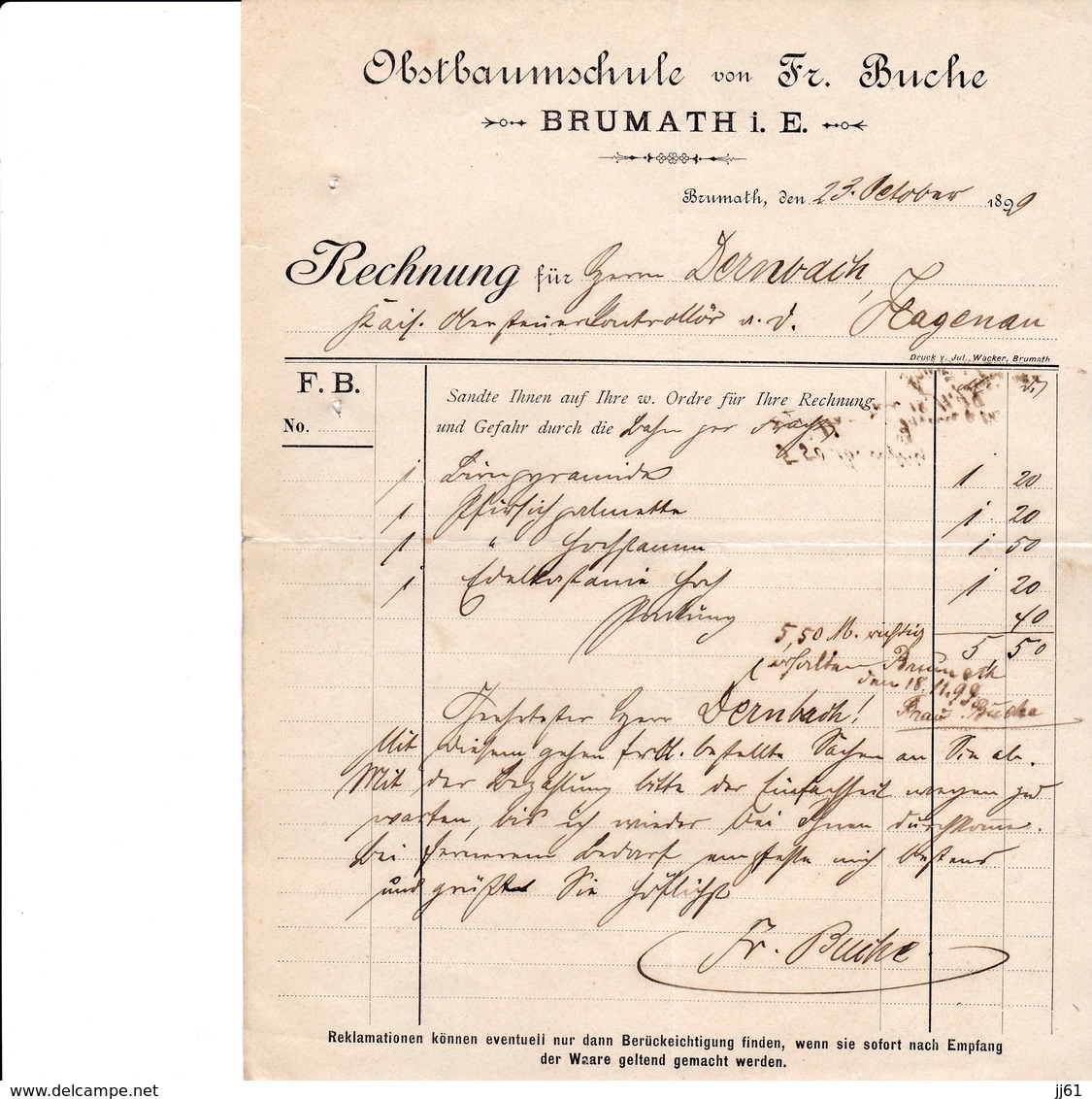 BRUMATH VON FR BUCHE FACTURE ÉCOLE DES FRUITS RECHUNG OBSTHAUMSCHULE ANNEE 1899 - Autres & Non Classés