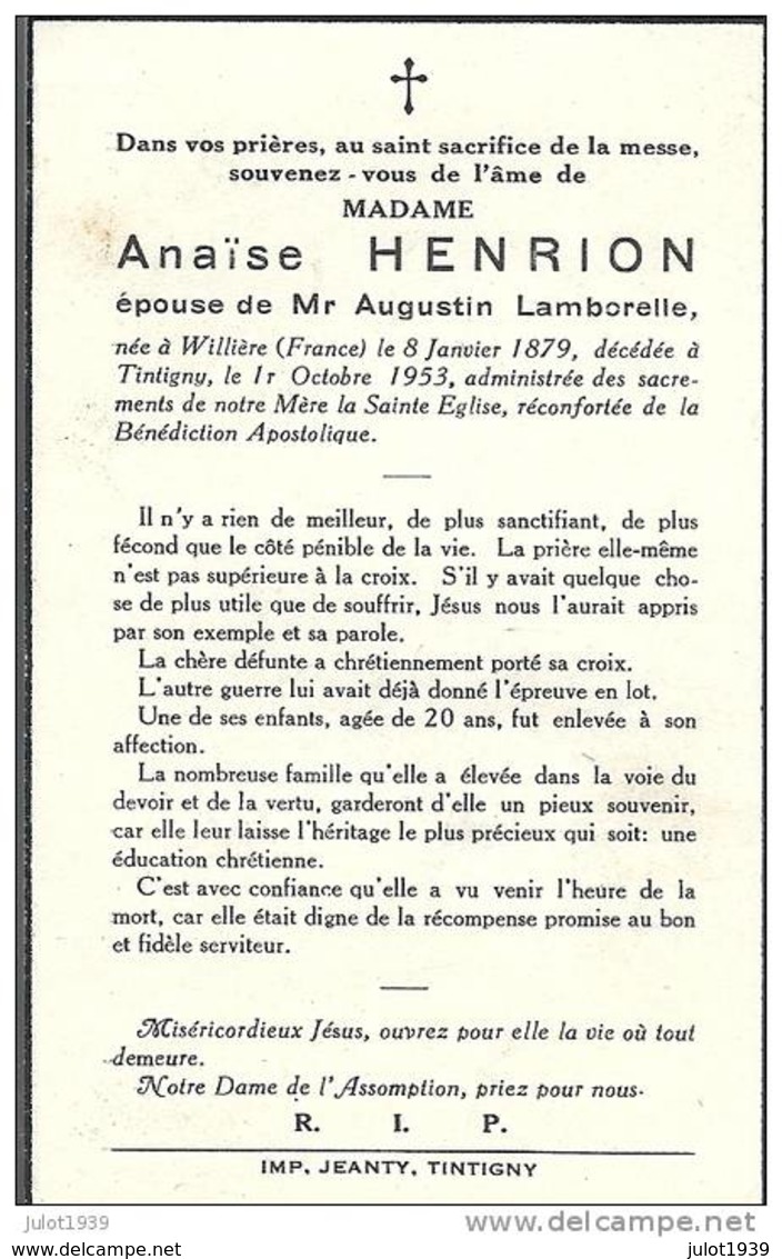 TINTIGNY ..-- Mme Anaîse HENRION , épouse De Mr Augustin LAMBORELLE , Née En 1879 à WILLIERE , Décédée En 1953 . . - Tintigny