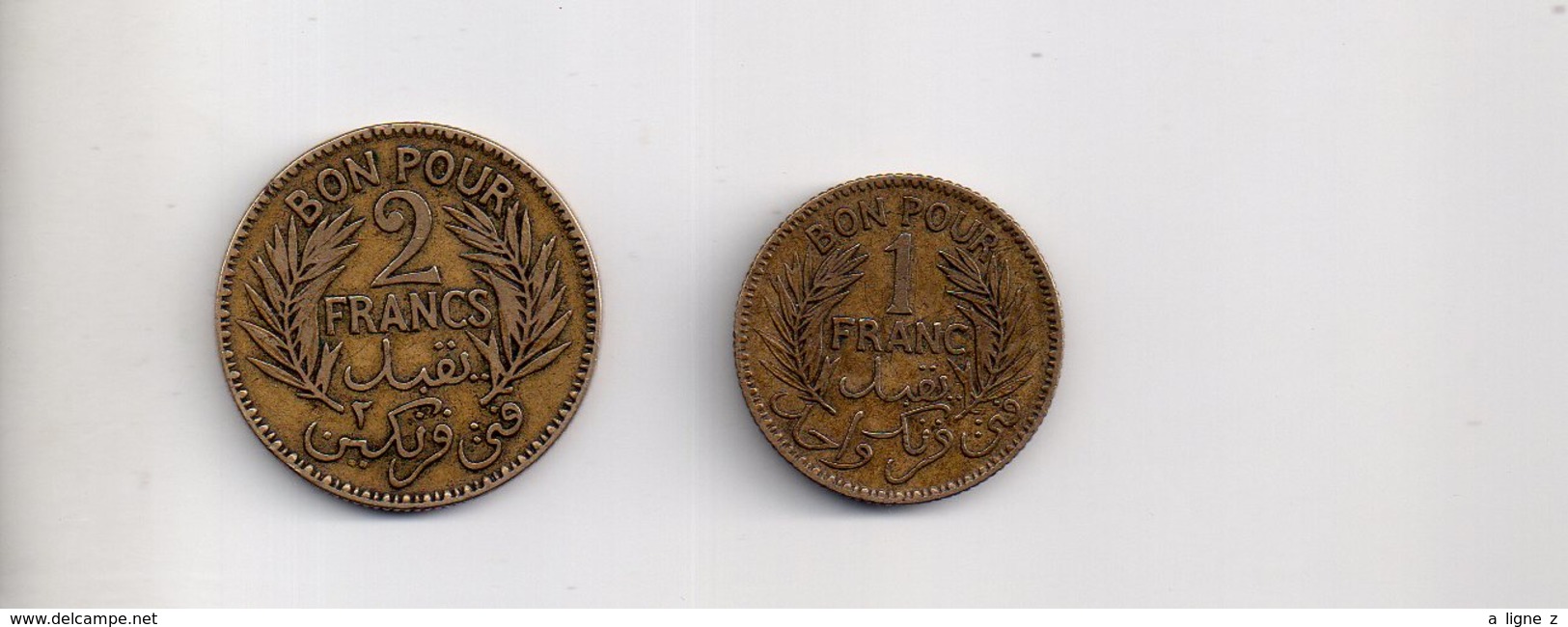 REF MON3  : Lot 2 Monnaie Monnaies Coin Tunisie Bon Pour 1 Franc 1941 Bon Pour 2 Francs 1921 - Tunisie