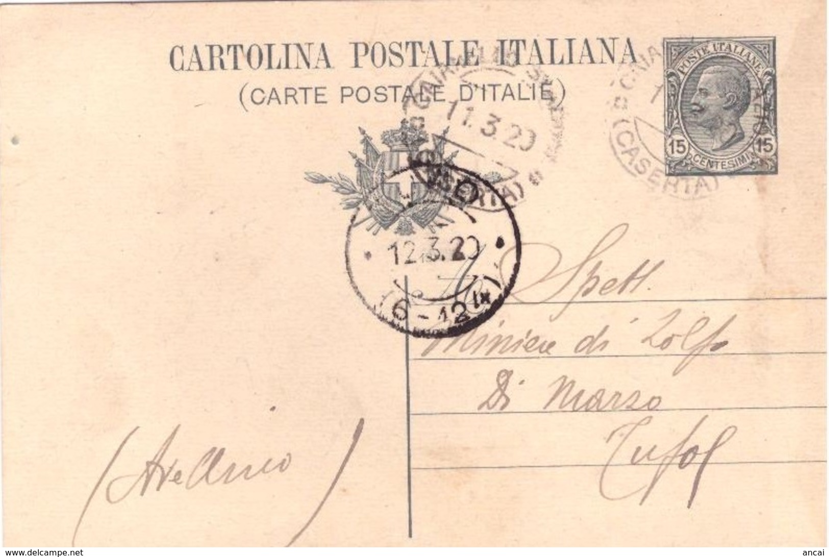 Caianello Stazione. 1920. Annullo Guller CAIANELLO STAZIONE (CASERTA), Su Cartolina Postale - Storia Postale